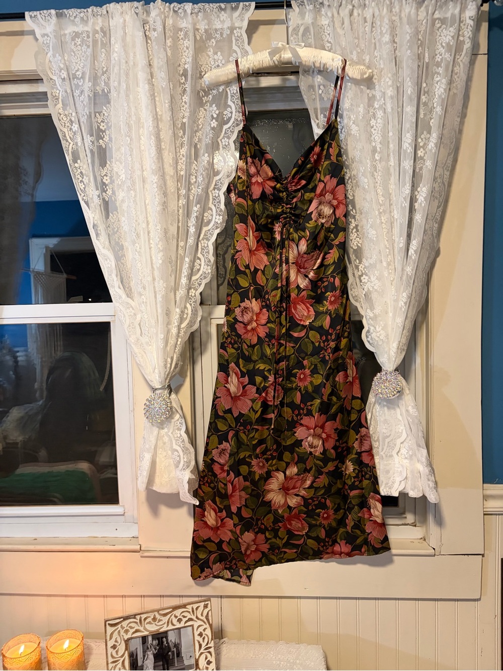 Joie Black Satin Floral Slip Dress with Pink & Green Print